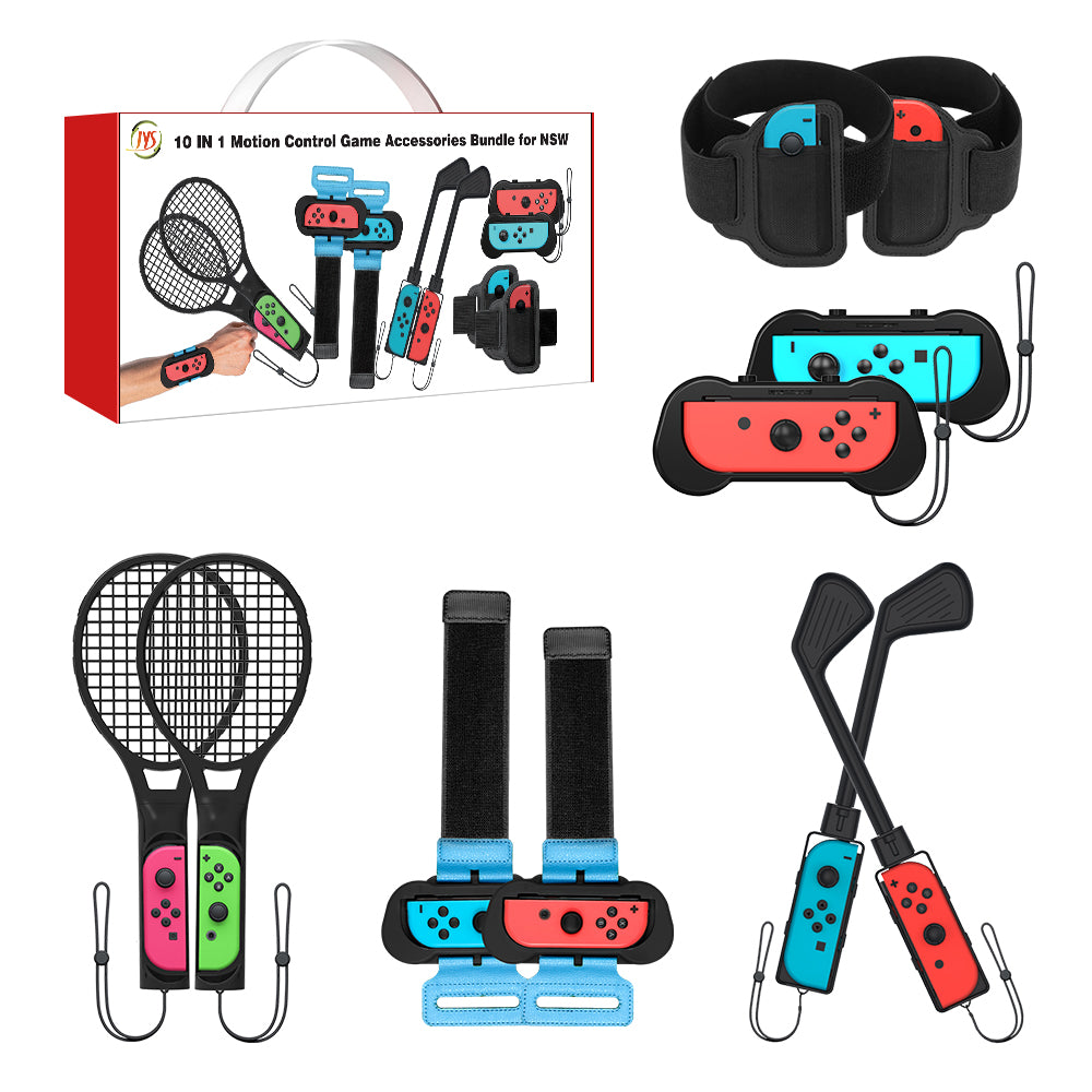 JYS JYS-NS215 10-in-1 Motion Control Grips Holder Golf Clubs Wrist Dance Band Handle Leg Strap Tennis Racket Game Accessories Set for Nintendo Switch JYS JYS-NS215 10-in-1 Motion Control Grips Holder Golf Clubs Wrist Dance Band Handle Leg Strap Tennis Racket Game Accessories Set for Nintendo Switch